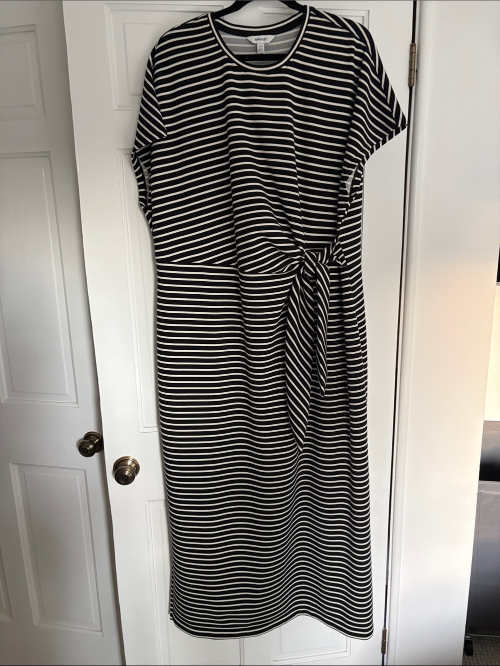 SPANX Black and White Striped Tie-Detail Midi Dress